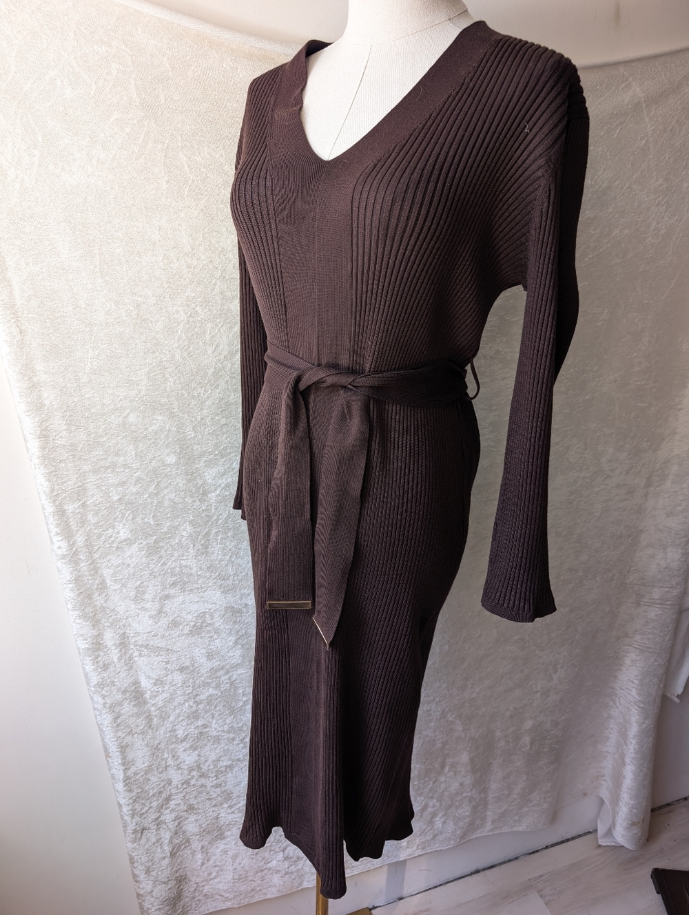 CK Dark Brown Long Sleeve Sweater Dress Midi Rayon Nylon V-neck